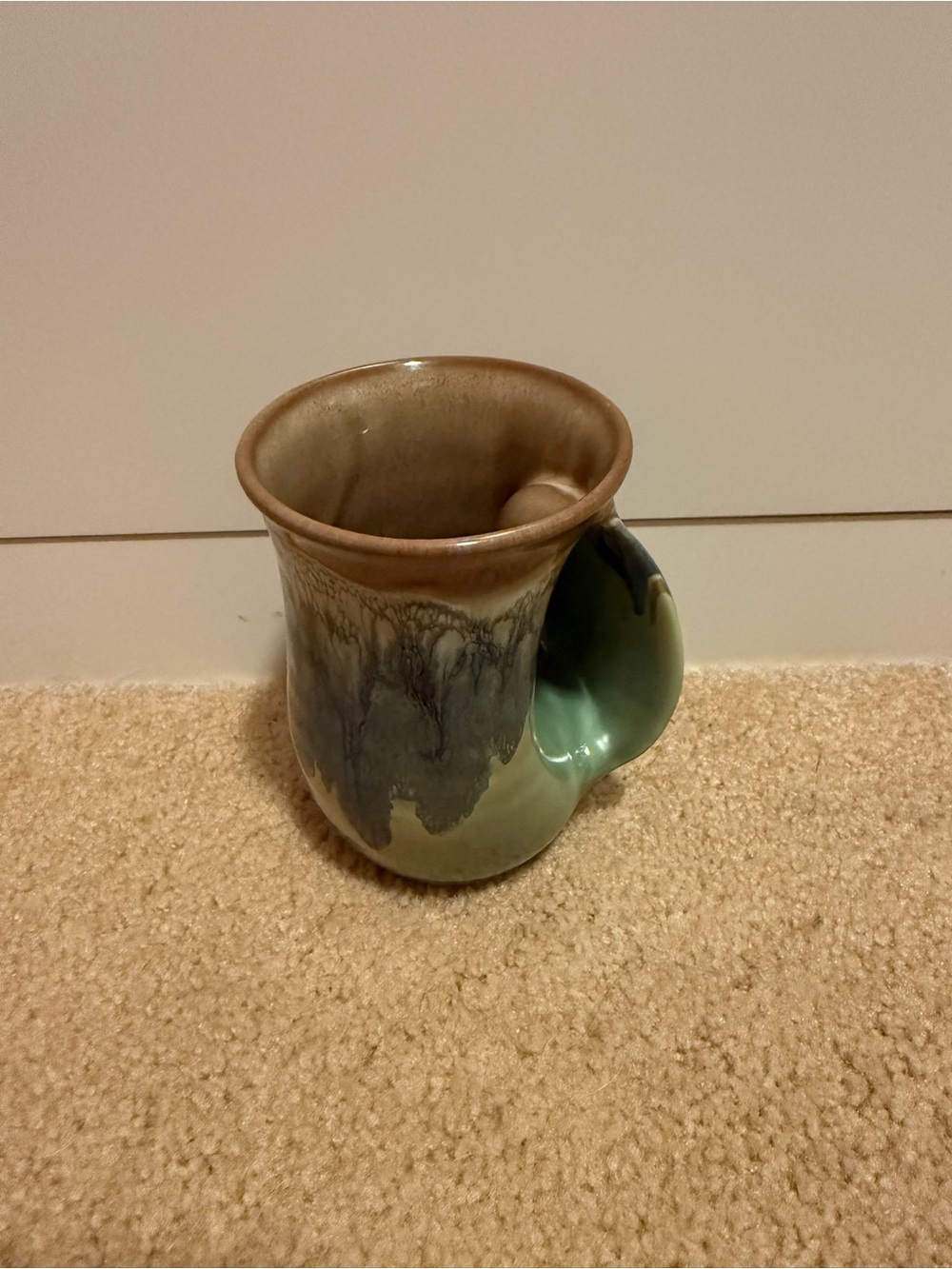 New Handmade Glazed  Hand warmer Ceramic Mug in Brown and Green